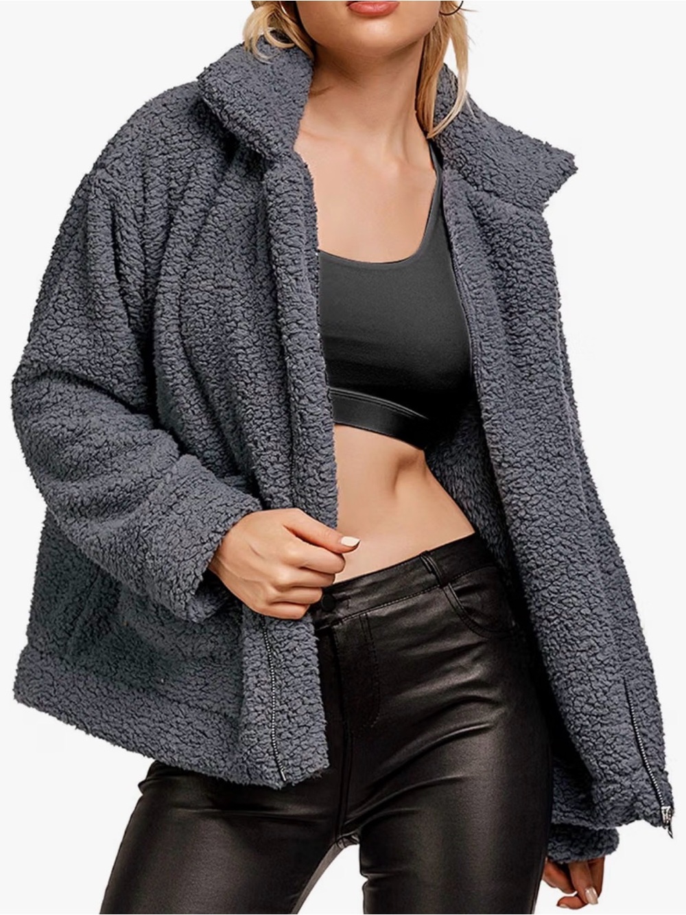 A418 Plush Sherpa Zip-Up Jacket- Dark Gray Fleece Fuzzy Faux Oversized Large NWT - Picture 3 of 11